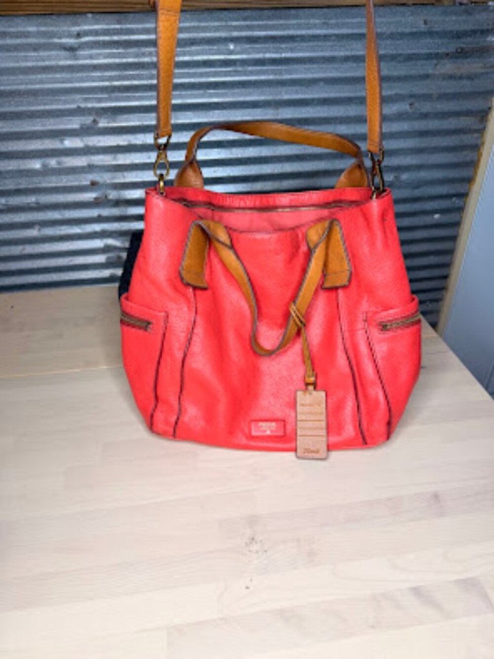 Fossil Genuine Pebbled Leather vintage Hobo Shoulder Bag - Coral / Tan Two-Tone